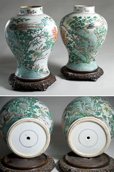 Lot image - Two Chinese Famille Verte Glaze Porcelain Vases