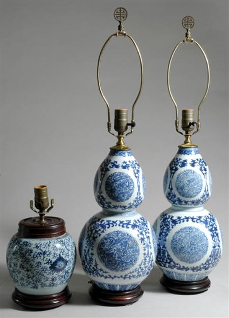 Lot image - Pair of Chinese Blue and White Glazed Double Gourd Vases
