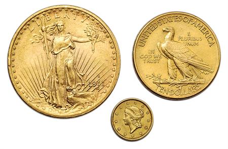 Lot image - United States Gold Coin Group Nine coins comprising 1850 $1, 1916 S $5, 1899 $10, 1911, 1912, 1913 $10 Indians, 1868 S $20 L...