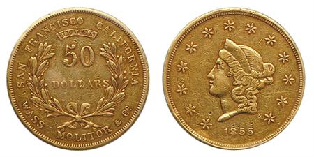 Lot image - 1855 Wass, Molitor & Co., 50 Dollars Gold