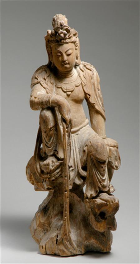 Lot image - Chinese Polychrome Painted Wood Figure of Bodhisattva