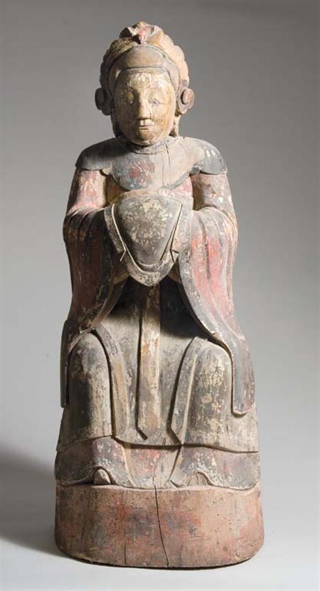 Lot image - Chinese Pigment Painted Carved Wood Figure of an Official
