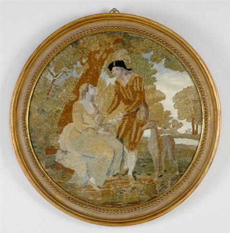 Lot image - Pair of Continental Painted and Embroidered Needlework Pictures