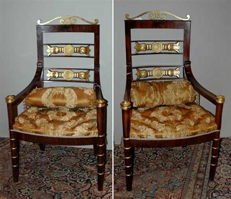 Lot image - Set of Six Continental Neoclassical Style Parcel Gilt and Mahogany Armchairs
