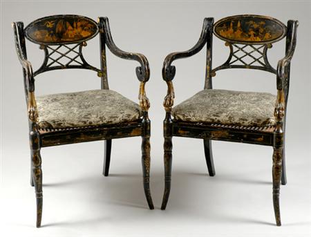 Lot image - Pair of Regency Gilt Decorated Black Lacquered Armchairs