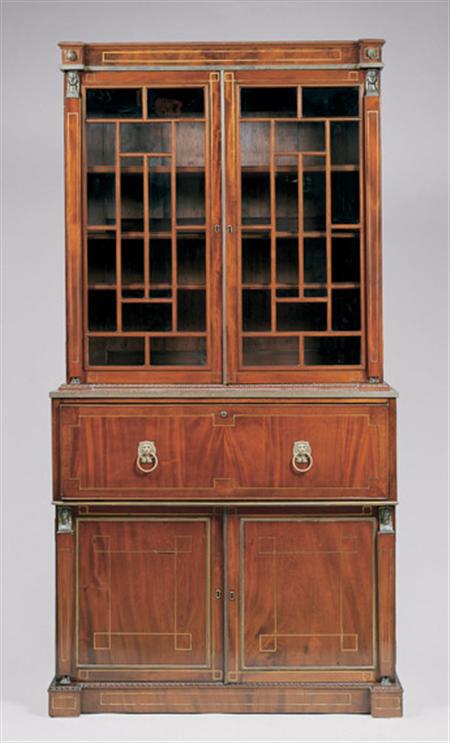 Lot image - Regency Brass Inlaid and Gilt-Bronze Mounted Mahogany Secretary Bookcase