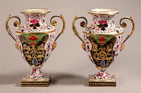 Lot image - Pair of Derby Porcelain Imari Style Two-Handled Vases