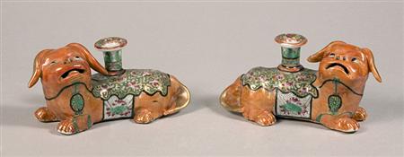 Lot image - Pair of Chinese Porcelain Foo Dog Figural Candlesticks