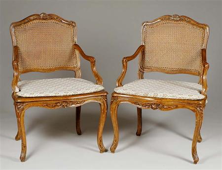 Lot image - Pair of Louis XV Beechwood and Caned Fauteuils