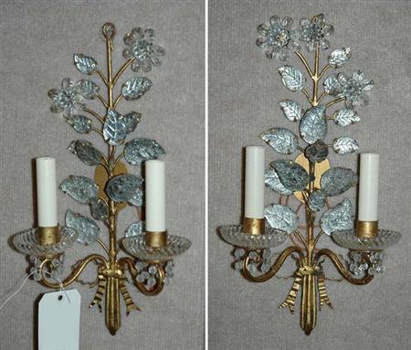 Lot image - Pair of Gilt Metal and Crystal Floriform Two-Arm Sconces
