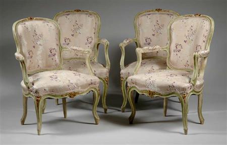 Lot image - Set of Four Louis XV Green and Cream Painted Fauteuils en Cabriolet