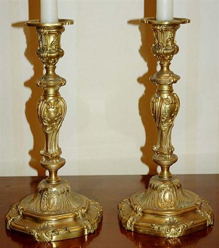 Lot image - Pair of Louis XV Style Gilt-Bronze Candlesticks
