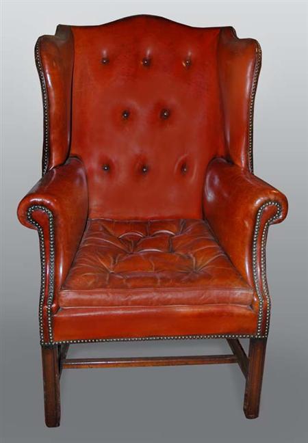 Lot image - Pair of George III Style Mahogany and Leather Upholstered Wing Chairs