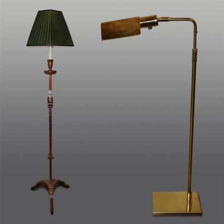 Lot image - Regency Style Mahogany Ratchet Floor Lamp   With a green silk pleated shade; Together with a Brass Floor Lamp.