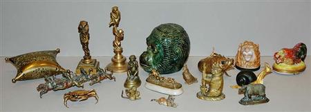 Lot image - Pair of English Majolica Brown Glazed Lion Bookends; Together with an Italian Glazed Pottery Box of a Recumbent Lion and Brown Glaze...