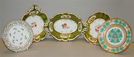 Lot image - English Painted Porcelain Dessert Service  Including twelve dessert plates and four serving dishes, en suite; eleven Havilan...