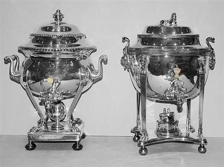 Lot image - Two Silver Plated Footed Coffee Urns