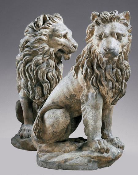 Lot image - Pair of French Baroque Terra Cotta Figures of Lions