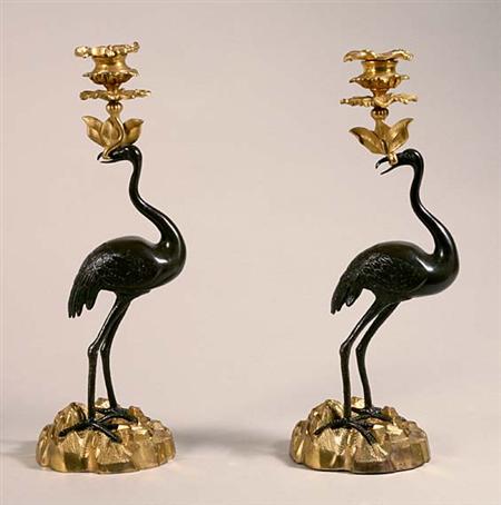 Lot image - Pair of Gilt-Bronze Ostritch Candlesticks