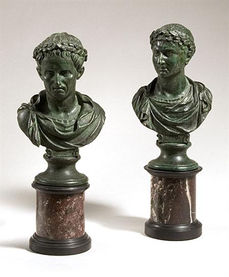 Lot image - Companion Pair of Continental Neoclassical Style Patinated-Bronze Marble Bust of Roman Emperors