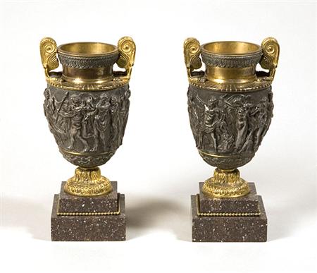 Lot image - Pair of Italian Bronze Urns on Porphyry Bases