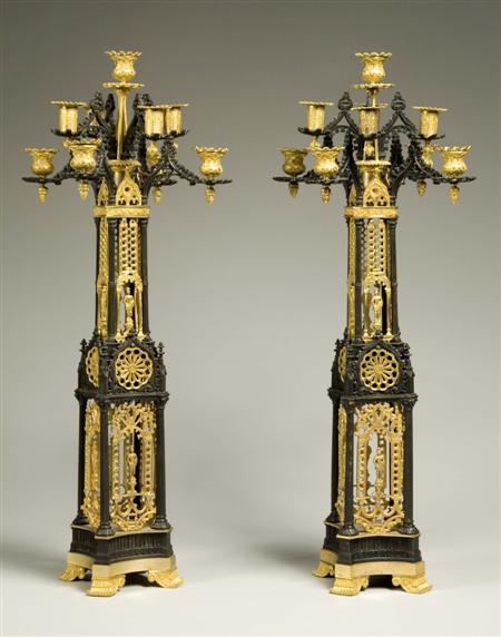 Lot image - Pair of Charles X Gilt and Patinated-Bronze Nine-Light Candelabra