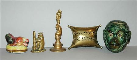 Lot image - Miscellaneous Group of Six Metal Table Articles; Together with a Portuguese Majolica Monkey Head Etc.