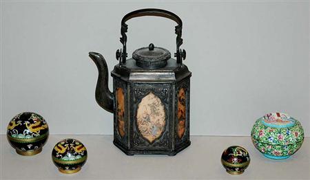 Lot image - Chinese Pewter Teapot; Together with a Chinese Enamel Lotus-Shaped Box and Three Enamel Boxes