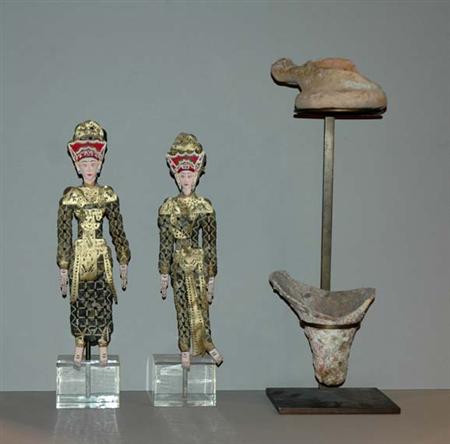 Lot image - Pair of Thai Metal and Paper Puppets; Together with a Partial Ancient Terra Cotta Vessel