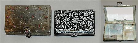 Lot image - Bucellatti Style Silver Evening Bag; Together with Silver Plated Enamel Cigarette Case, Silver Mounted Vide Poche & Am.Silver Cig. Box