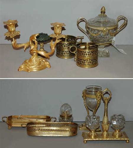 Lot image - Miscellaneous Group of Gilt-Bronze and Gilt-Metal Table Articles; Together with a Pair of Brass Chamber Sticks