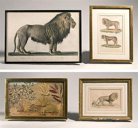 Lot image - Miscellaneous Group of Three Lion Engravings; Together with a Lion Collage