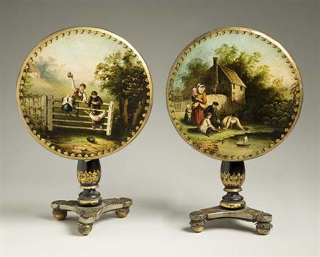 Lot image - Pair of Victorian Painted and Gilt Decorated Papier Mache Miniature Tilt-Top Table