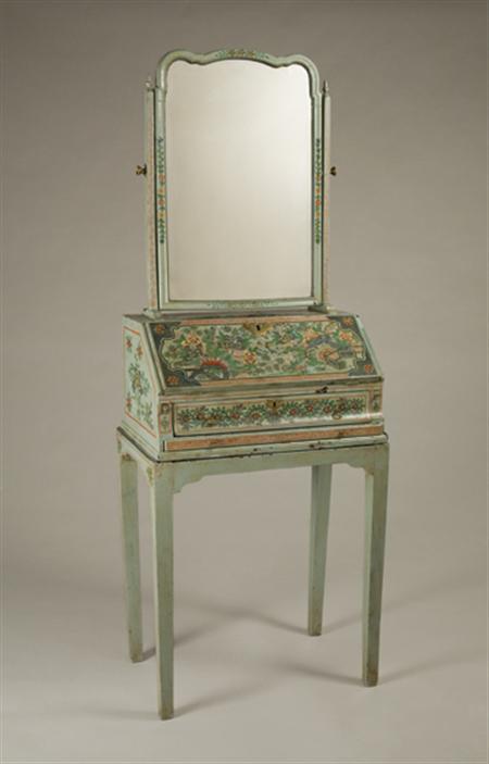 Lot image - Queen Anne Decorated and Blue Lacquered Dressing Table Mirror on Stand