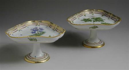 Lot image - Pair of Royal Copenhagen Flora Danica Porcelain Footed Triangular Compotes
