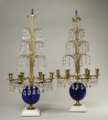 Lot image - Pair of Continental Neoclassical Gilt-Bronze, Cut and Cobalt Blue Glass Six-Light Candelabra