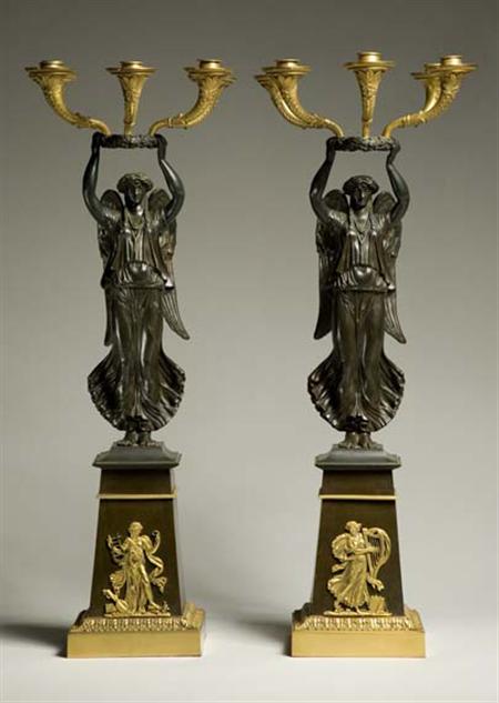 Lot image - Pair of Empire Gilt and Patinated-Bronze Five-Light Candelabra