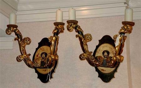 Lot image - Pair of Continental Baroque Style Painted and Gilt-Wood Two-Light Sconces