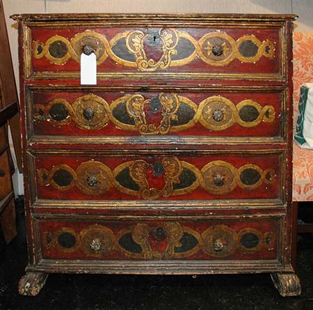Lot image - Italian Baroque Red Painted and Gilt Decorated Commode