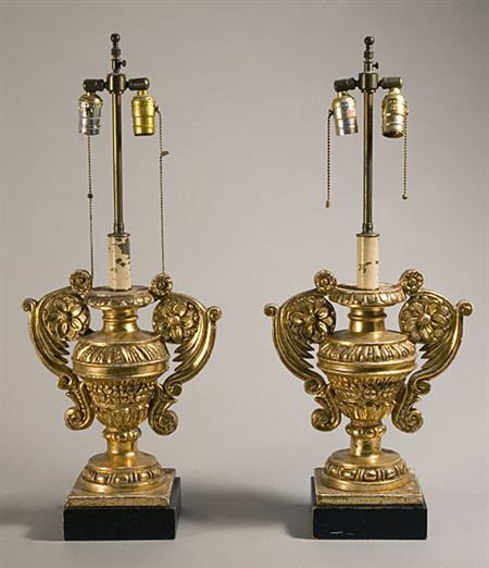 Lot image - Pair of Continental Baroque Style Gilt-Wood Two-Handled Urns