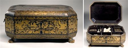 Lot image - Chinese Export Gilt Decorated Black Lacquered Sewing Box