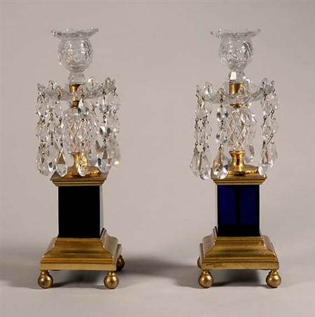 Lot image - Pair of Continental Neoclassical Style Gilt-Bronze Cobalt and Clear Cut Glass Lustre Candlesticks