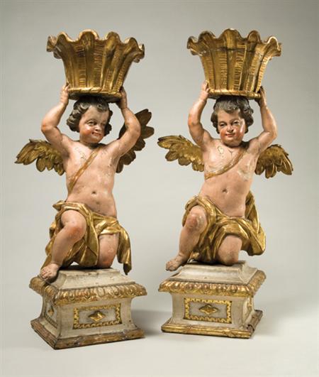 Lot image - Pair of Italian Polychrome and Gilt Decorated Figures of Angels