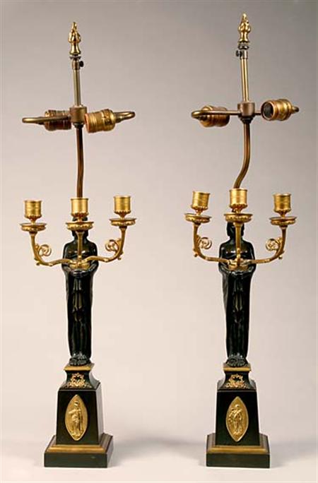 Lot image - Pair of Empire Style Gilt and Patinated-Bronze Three-Light Candelabra
