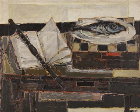 Lot image - Claude Venard French, 1913-1999 Still Life with Oboe and Fish