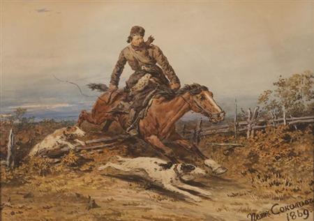 Lot image - Petr Petrovich Sokolov Russian, 1821-1899 Huntsman with Borzoi Dogs, 1869