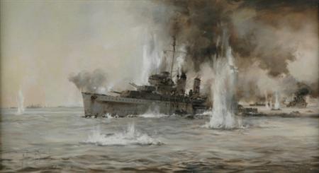 Lot image - Montague Dawson British, 1890-1973 H.M.S. Exeter, H.M.S. Encounter, and the U.S.S. Hope