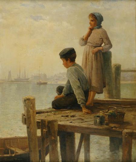 Lot image - Edward Moran 1829-1901 At the Docks Edge