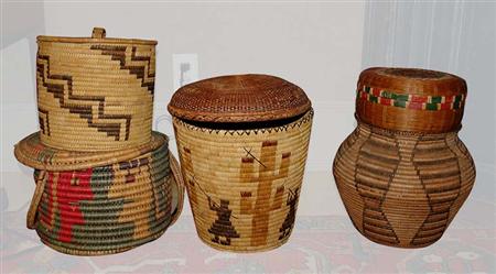 Lot image - Group of American Indian Southwest and Northwest Basketry Articles; Together with a Group of Five Baskets