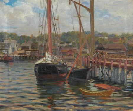 Lot image - Joseph Lauber 1855-1948 Setting the Mast, Gloucester, Massachusetts
